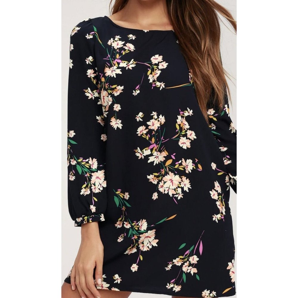 Lulus Herbaceous Babe Navy blue Floral Print Shift long sleeve mini dress sz S